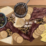 Charcuterie board with food